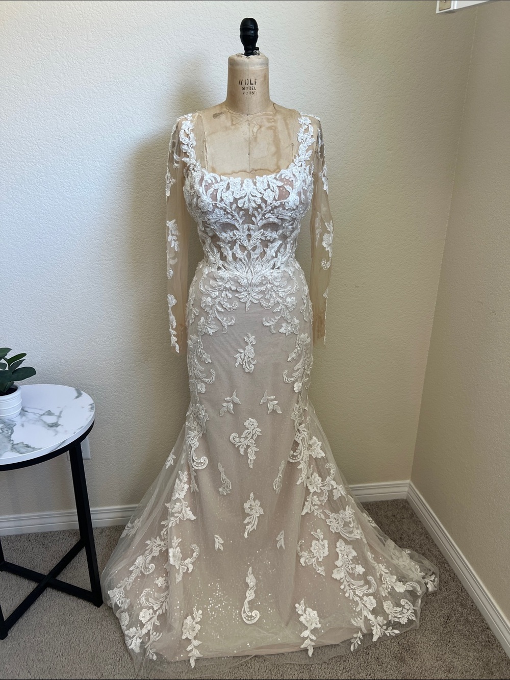 Mori Lee Ivory and Nude Long-Sleeve Lace Mermaid Wedding Gown